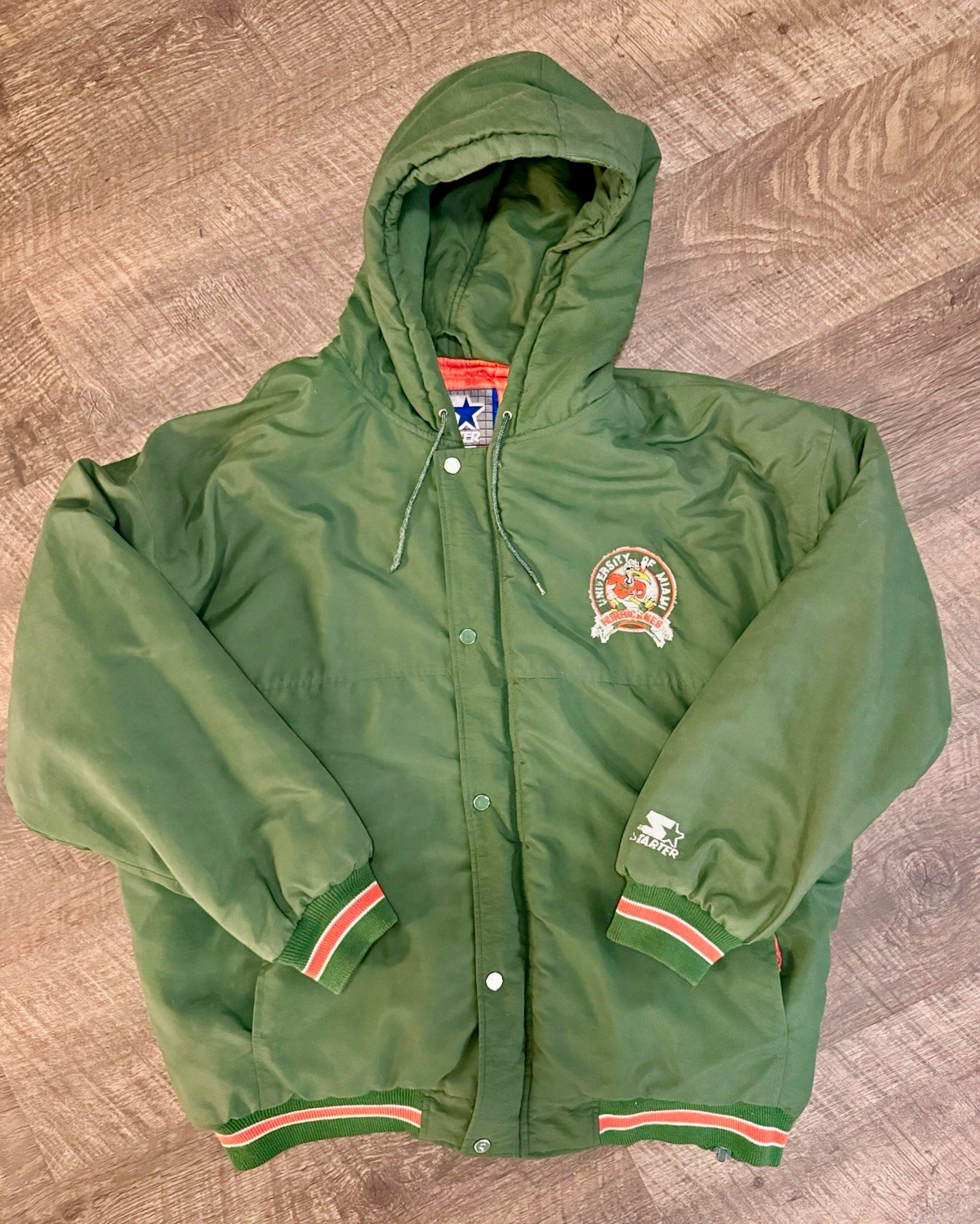 Vintage 90s Starter Miami Hurricanes Hooded Jacket Green Orange Men XL No Zipper Vintage 90s Starter Miami Hurricanes Hooded Jacket Green Orange Men XL No Zipper