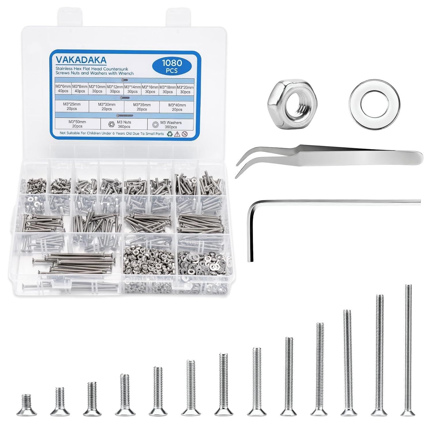 1080pcs M3 Steel Hex Nuts, Assortment Kit with Washers