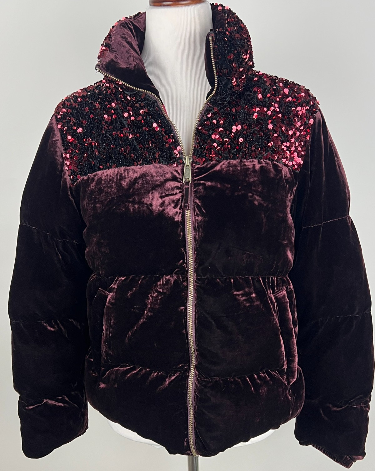 *NWT* MAEVE for Anthropologie \'Vera Sequined Velvet Puffer Jacket\' - M, Wine