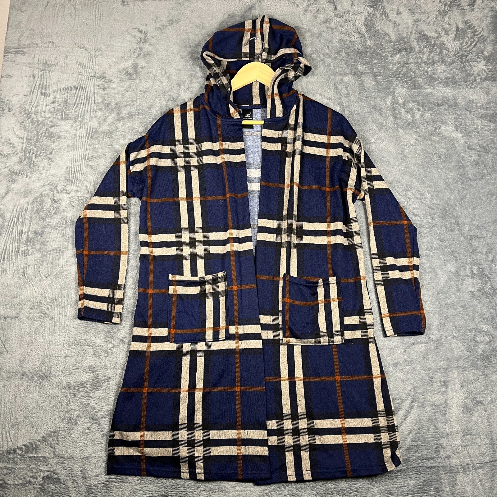 Lildy Printed Hooded Cardigan Sweater Womens Small Medium Multicolor Plaid Knit