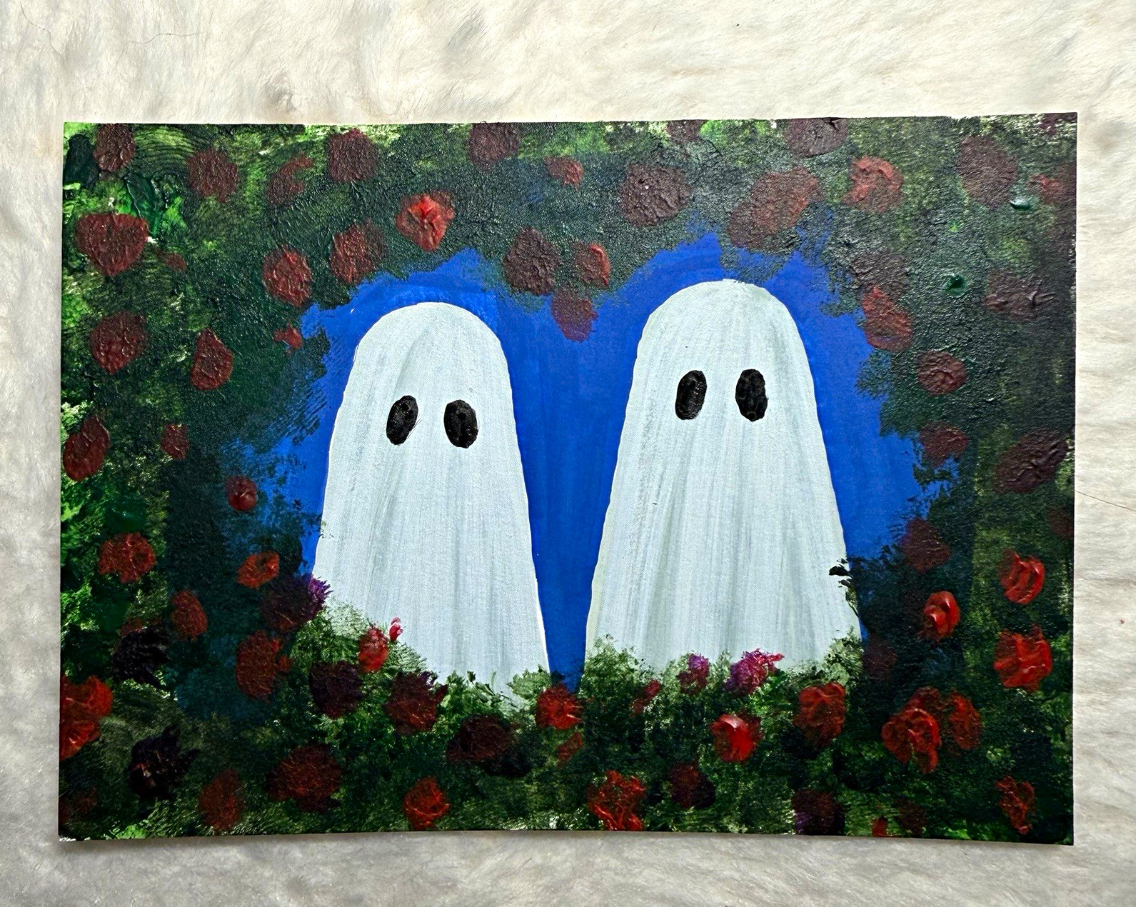 ACEO Original Painting Two Ghosts Heart Arch Roses Greenery Whimsical by Kcrea