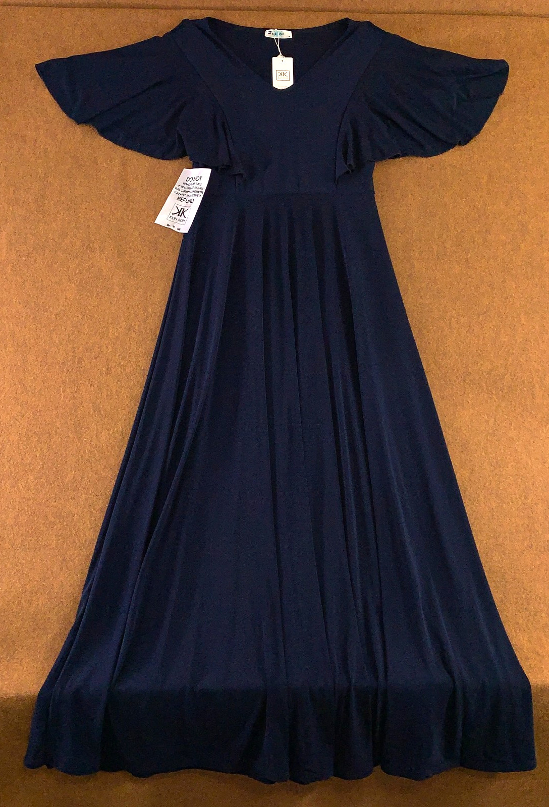 Koh Koh Womens Size Medium Dark Navy Blue V Neck Flutter Sleeve Maxi Dress NWT
