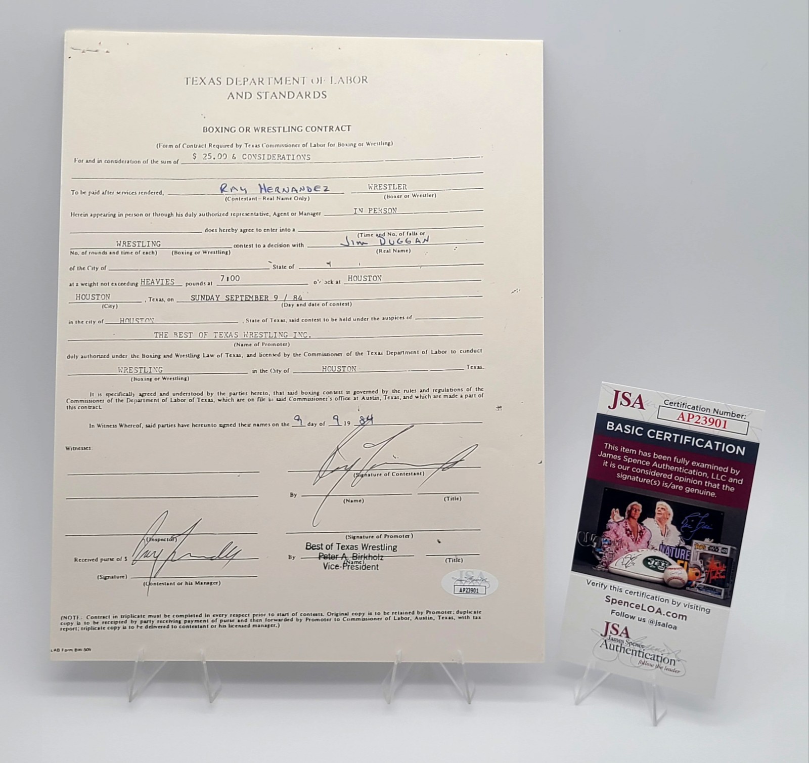 Vintage Hercules Hernandez Signed Wrestling Contract – Houston TX JSA COA
