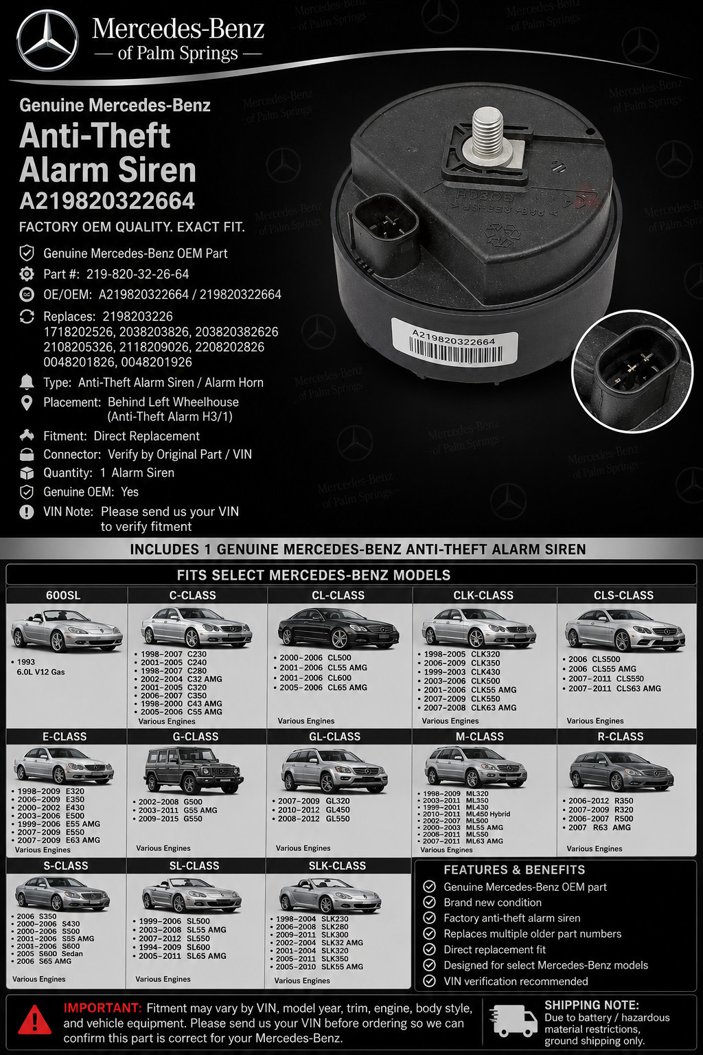 Genuine Factory OEM Mercedes-Benz Anti-Theft Alarm Siren A219820322664 OEM NEW