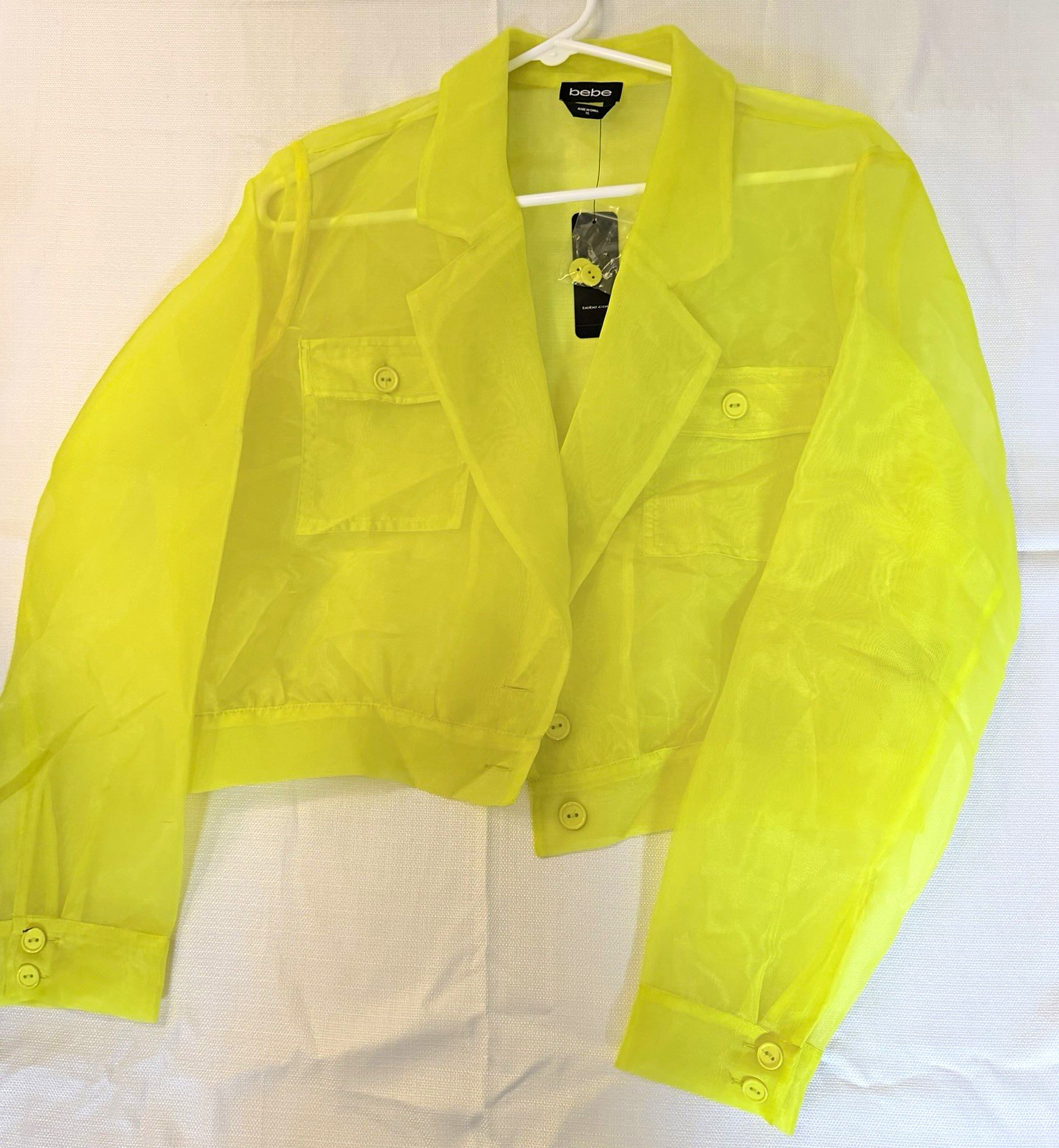 bebe Women\'s Yellow Sheer Cropped Jacket Button Front Collared Long Sleeve XL