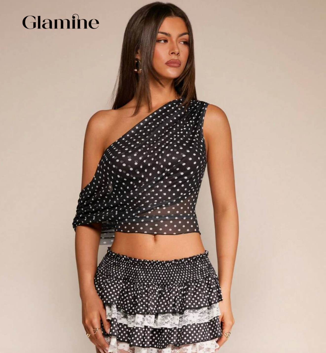 Shein Glamine Elegant Party Mesh Polka Dot Asymmetric-Shoulder - Small