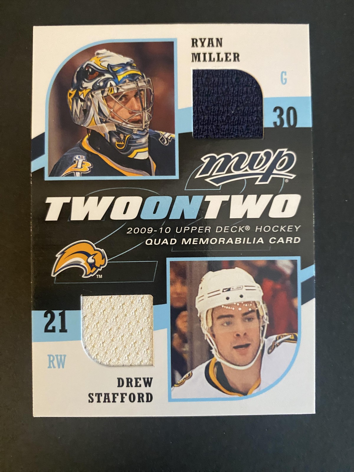 2009-10 UD MVP #J-TMSH Toskala / Hollweg / Stafford / Ryan Miller Quad Memo 2009-10 UD MVP #J-TMSH Toskala / Hollweg / Stafford / Ryan Miller Quad Memo