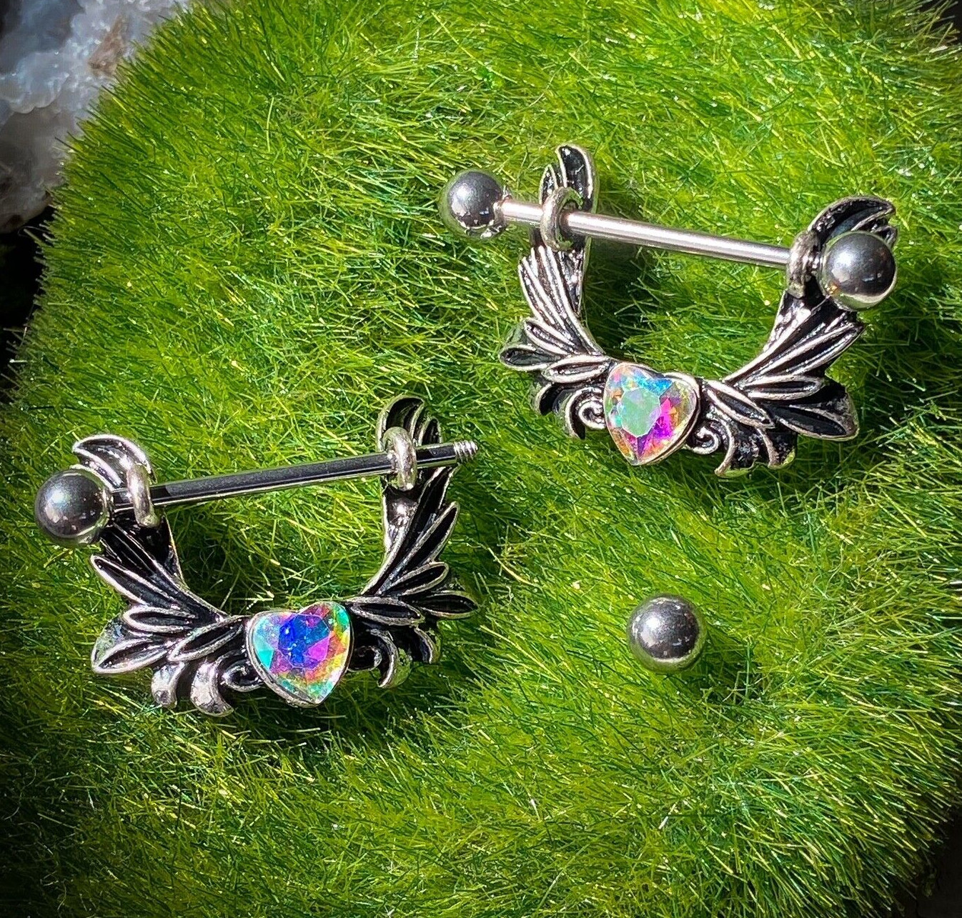 PAIR Crystal Heart Angel Wings Nipple Rings Shields 14g 14 gauge Body Jewelry