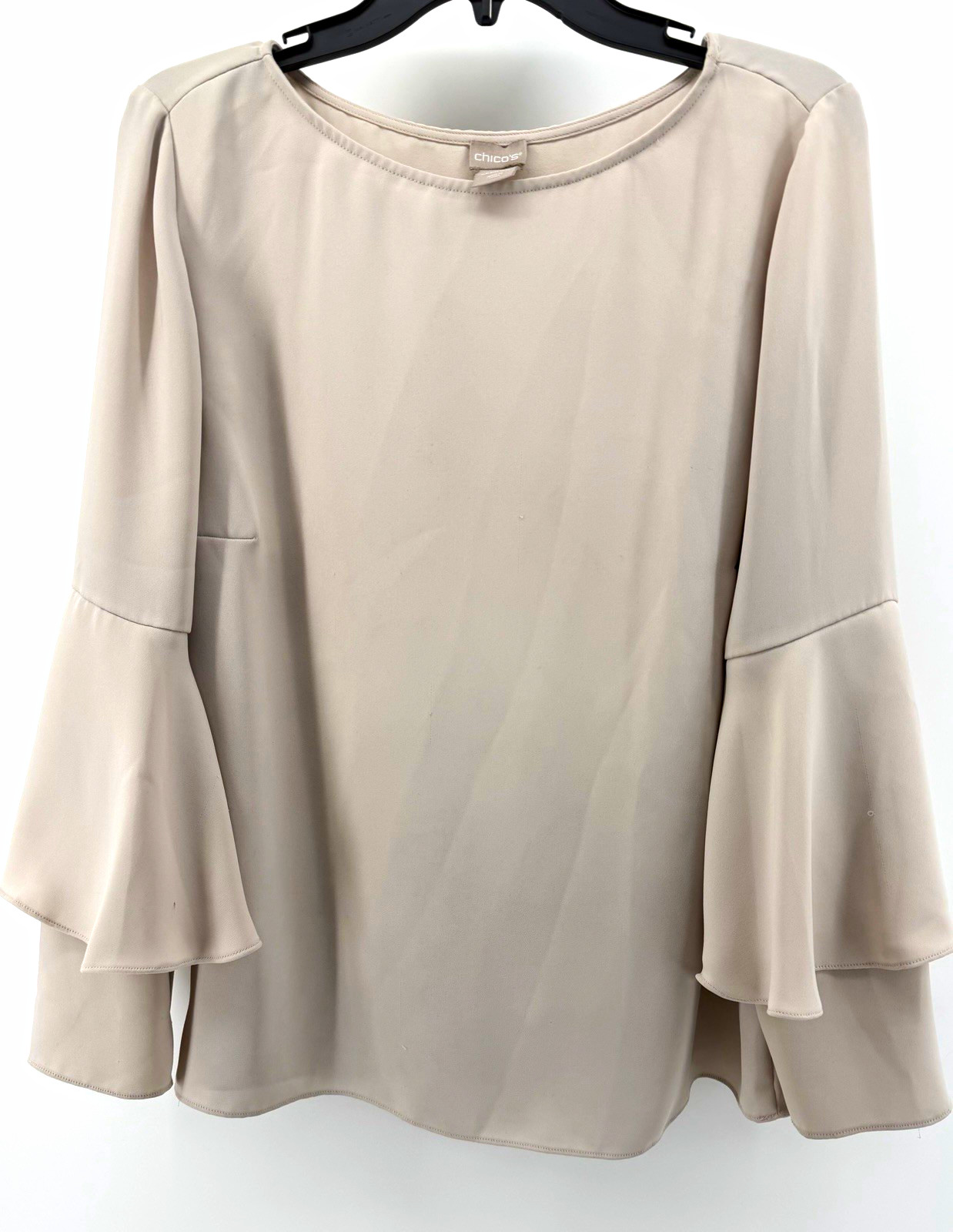 Chico\'s Women\'s Solid Beige Blouse Size 2 Round Neck Woven Pullover Ruffle Chico\'s Women\'s Solid Beige Blouse Size 2 Round Neck Woven Pullover Ruffle