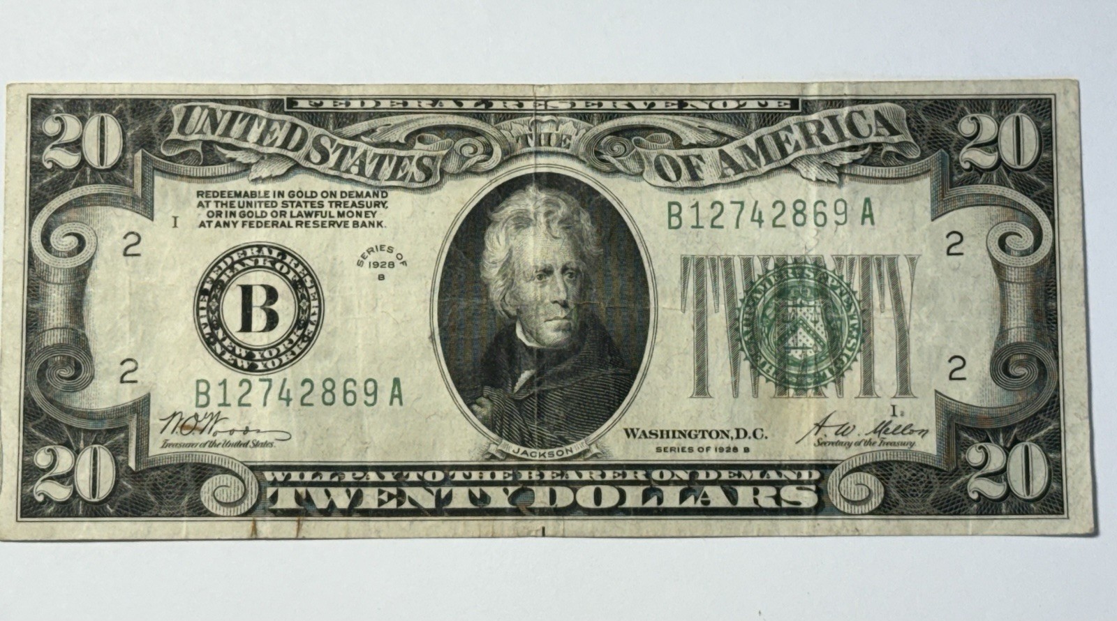 1928 Series B $20 Bill/Note New York Green Seal Twenty Dollar Currency