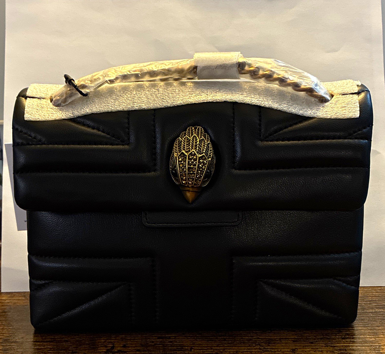 Kurt Geiger Kensington Mini Black Quilted Logo Crossbody Bag Gold With Tag