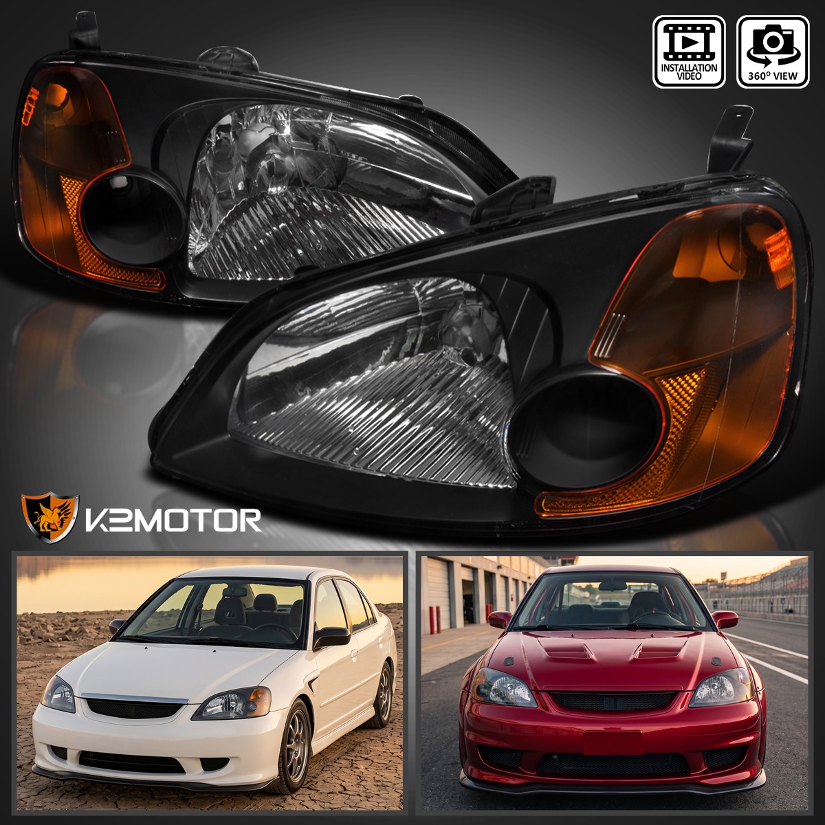 Fits 2001-2003 Honda Civic 4Dr Sedan Black Headlights Head Lamps Left+Right