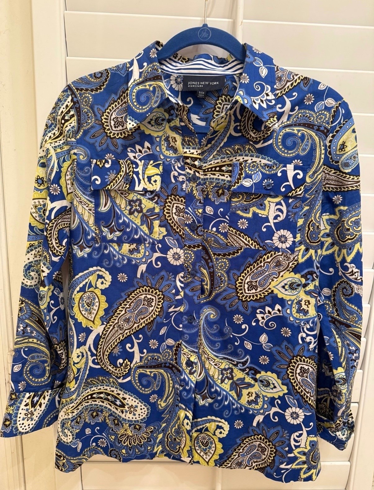 Jones New York Paisley Yellow Blue Button-Down Women\'s Shirt Top Size Small