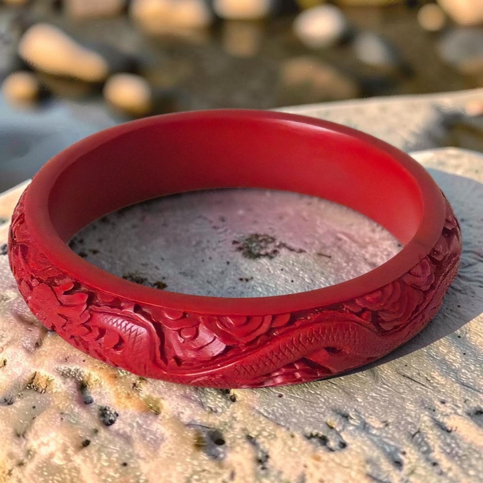 Vintage Chinese Red Lacquer Cinnabar Bangle Bracelet Carved Dragon Flaming Pearl