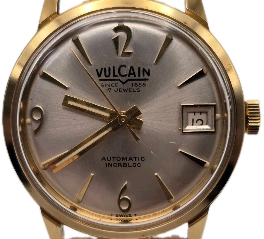 Vintage Vulcain Automatic 17J Incabloc Date Swiss Men's Watch Gold Filled Band
