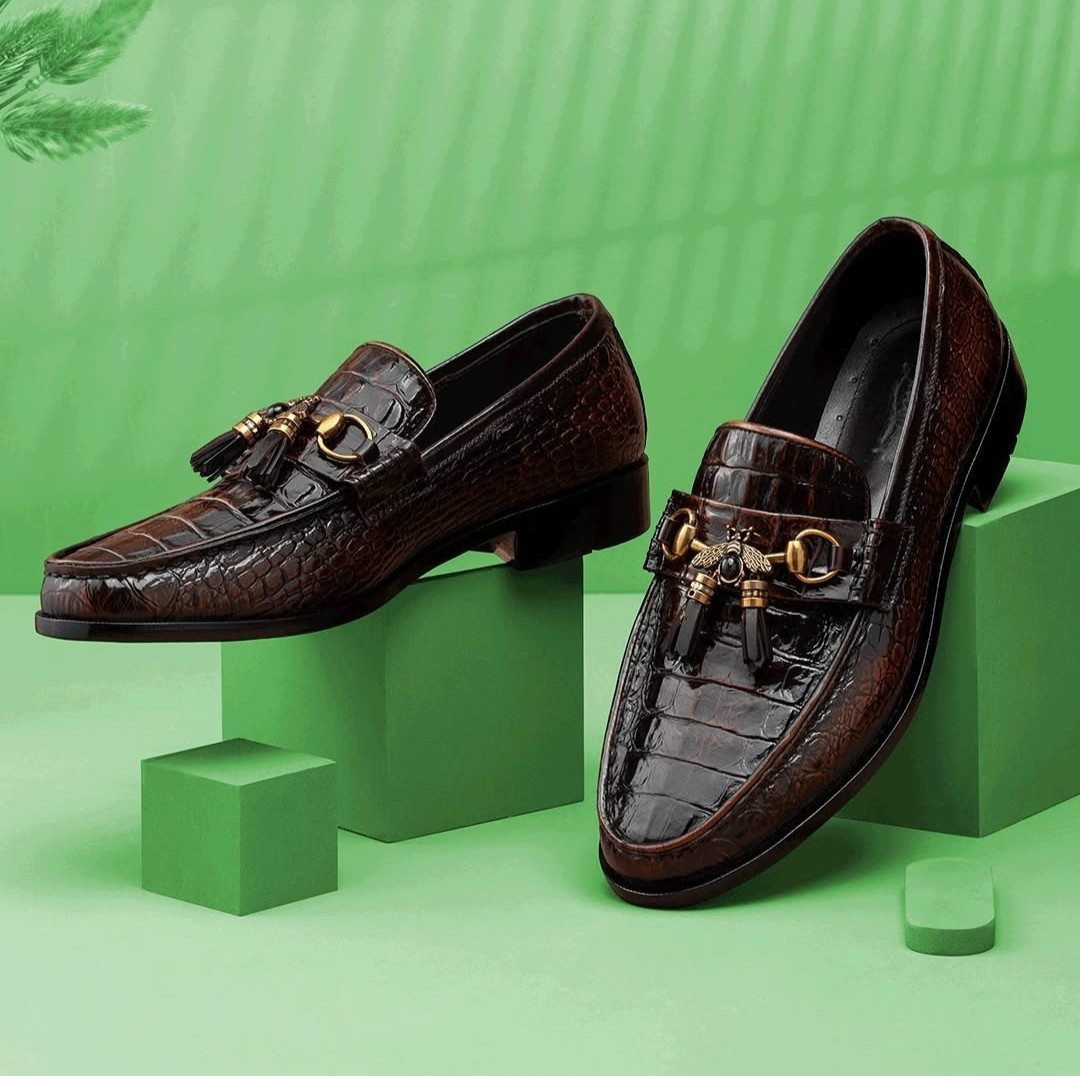 Share Men Handmade Brown Alligator Texture Leather Moccasin Shoes, Formal Dress 