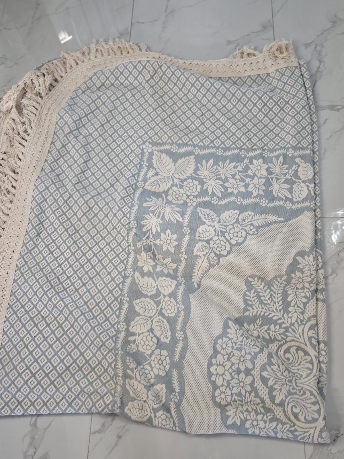 Vtg JCPenney Blue Cream Jacquard Bedspread  96x112  Shams Cottage