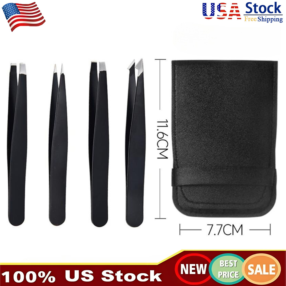 US Tweezers Set 4PCS Professional Black Plucker Stainless Steel With Case