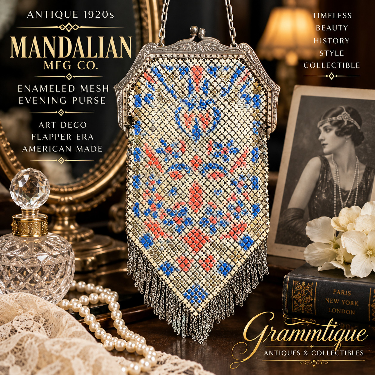 Antique 1920s Mandalian Mfg Co Enamel Mesh Purse Art Deco Flapper Floral Fringe Antique 1920s Mandalian Mfg Co Enamel Mesh Purse Art Deco Flapper Floral Fringe