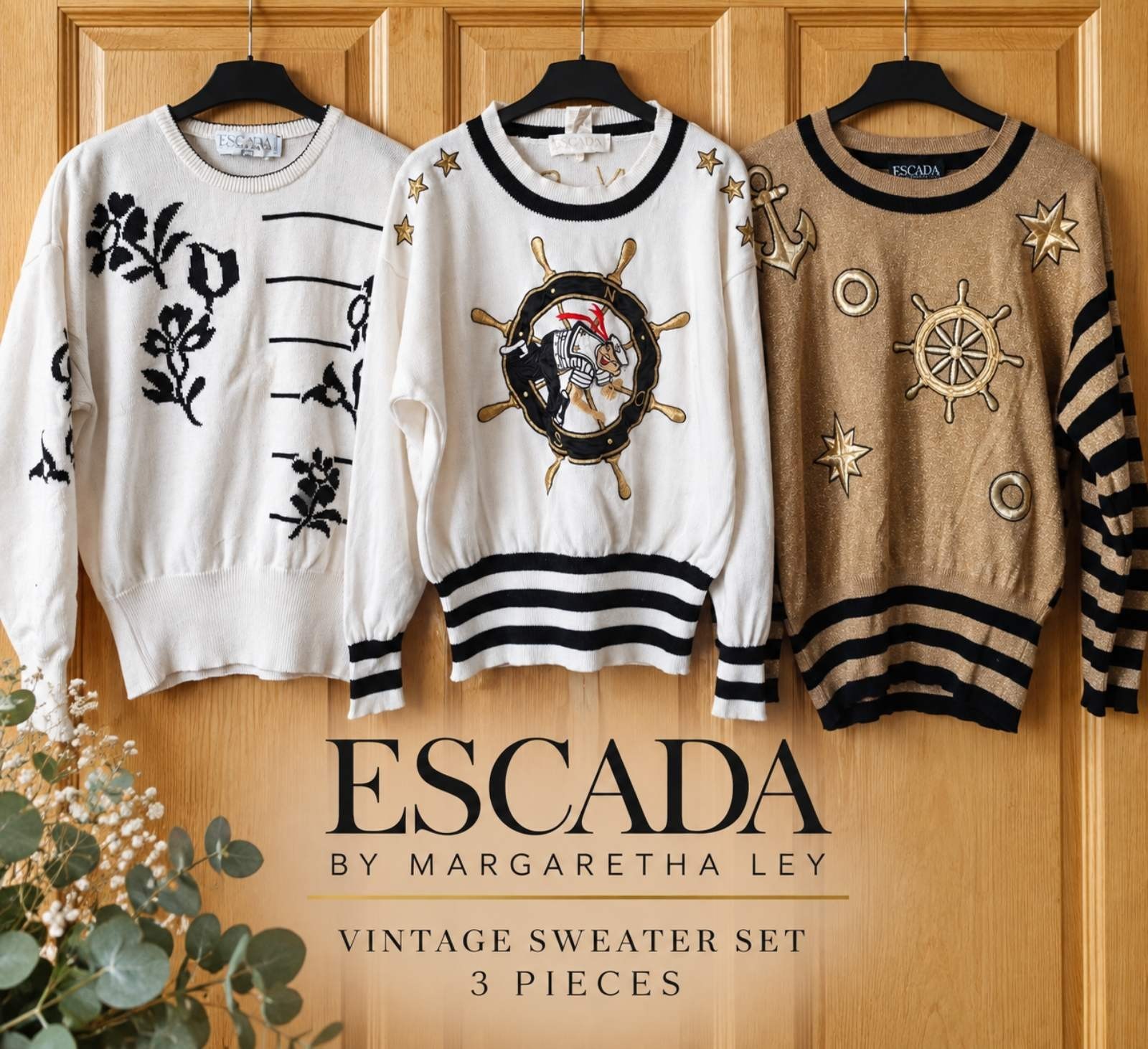 Vintage ESCADA by Margaretha Ley Sweater Lot 3 Pc Nautical EU 38 40