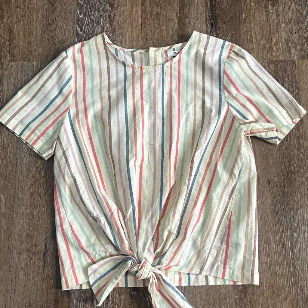 Madewell Women\'s Striped Tie-Front Blouse S Woven w Button Up Back