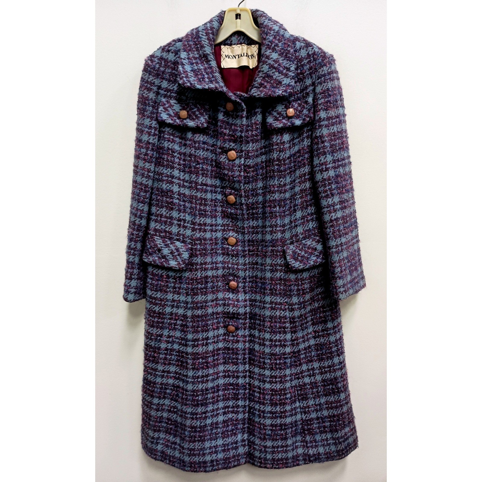 Vintage 80s Montaldo\'s Long Wool Tweed Coat Womens Large Purple Blue Overcoat
