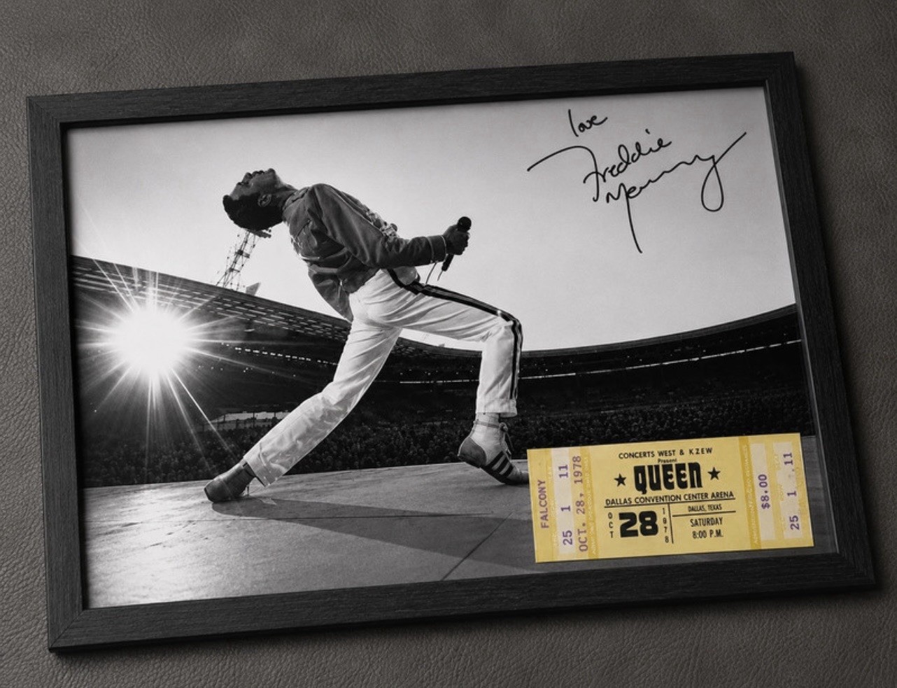 Queen Freddie Mercury Signed Photo Reprint Framed w/ 1978 Concert Ticket Reprint