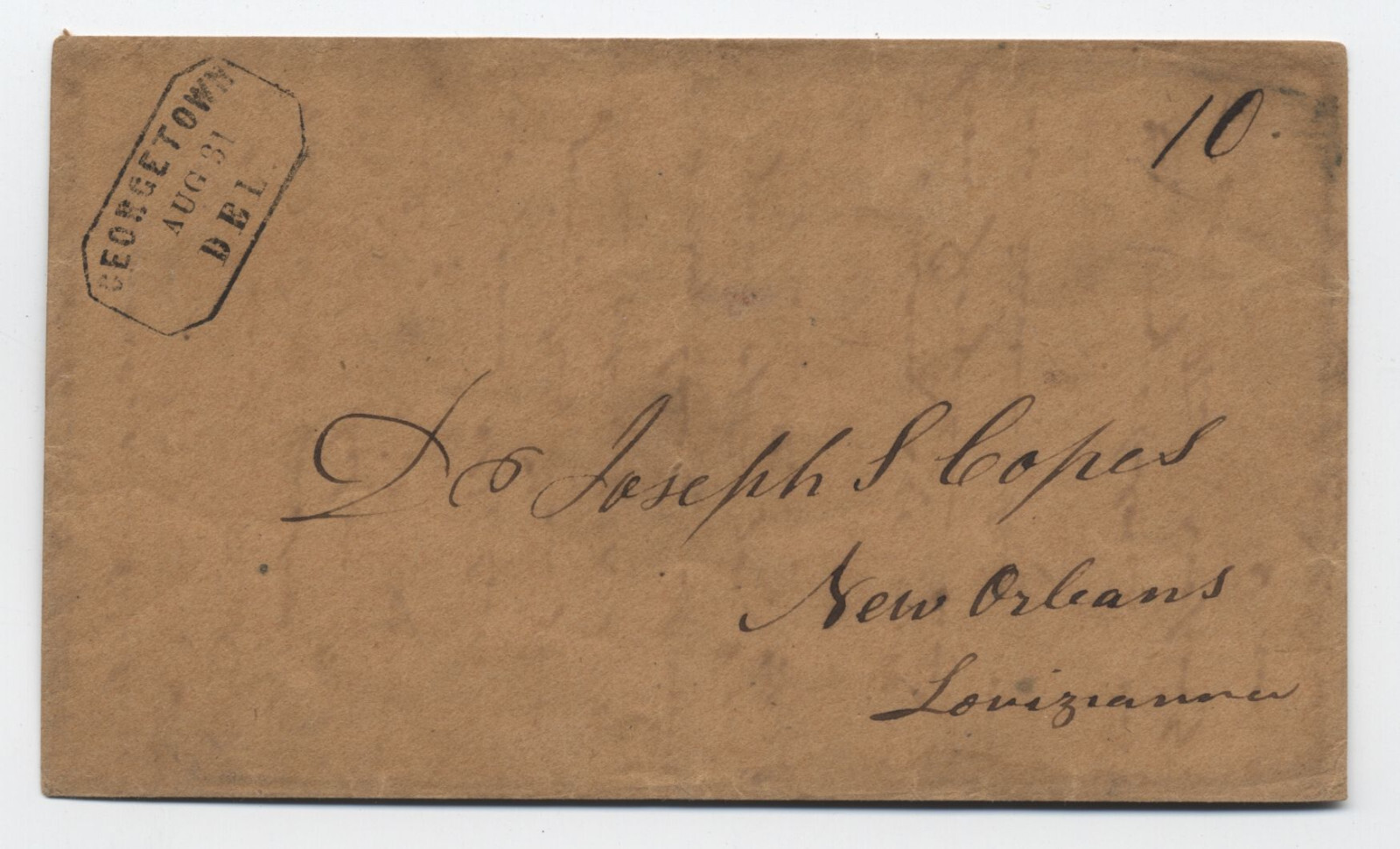 c1850 Georgetown DE boxed straightline stampless handstamp on cover to LA [S.350