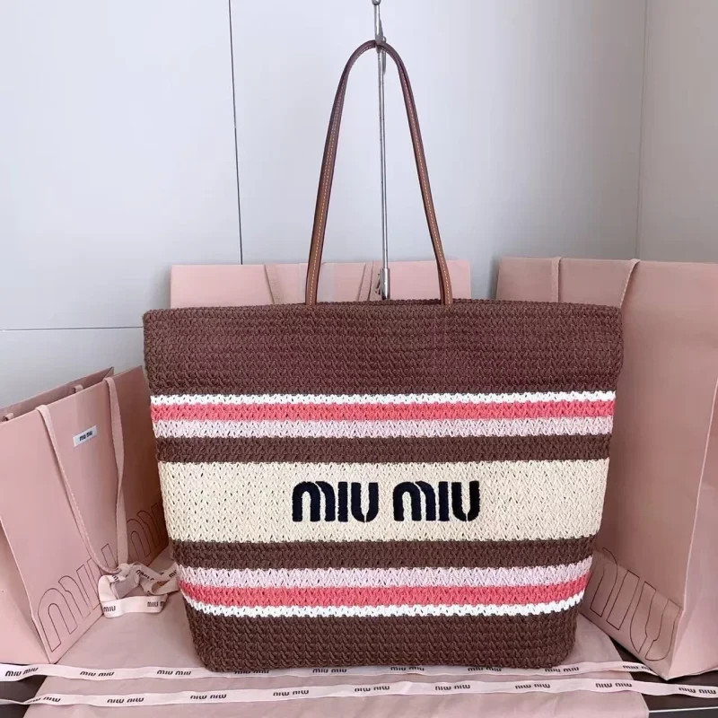 Miu Miu Raffia Effect Woven Tote Brown Pink Cream Stripe Leather Shoulder Bag