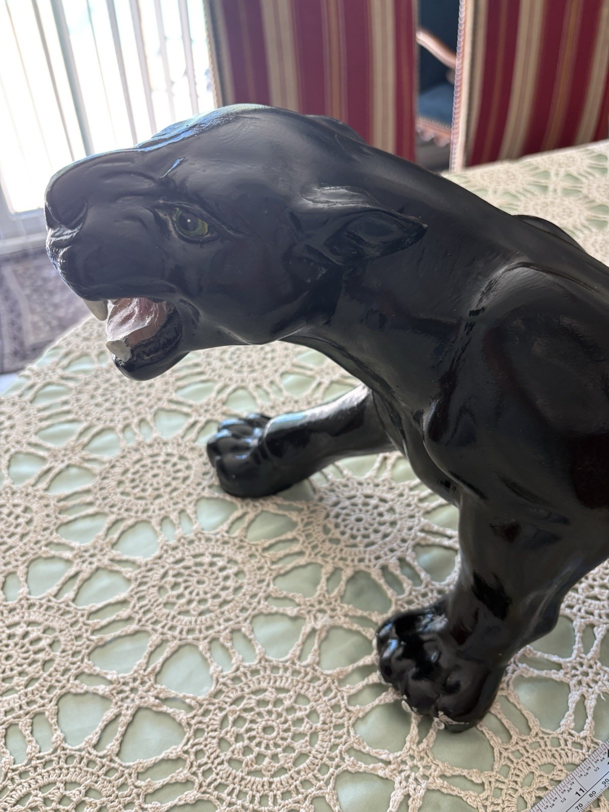 VINTAGE CERAMIC CROUCHING BLACK PANTHER FIGURINE/STATUE 23” LONG