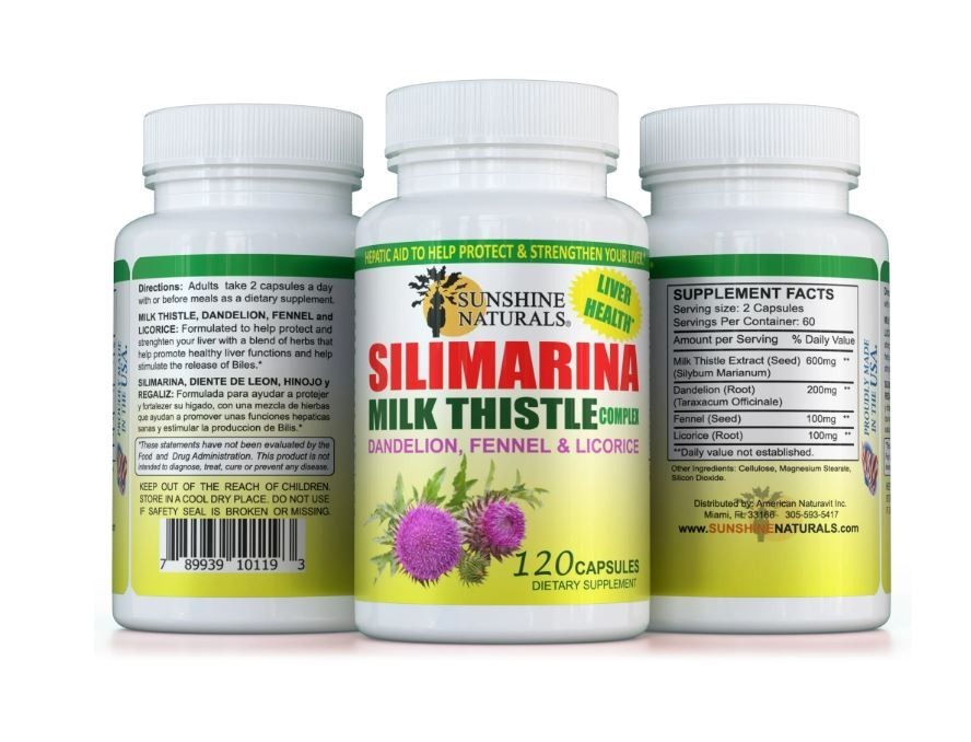 Sunshine Naturals Milk Thistle Silimarina 120 Capsules Made in the USA Sunshine Naturals Milk Thistle Silimarina 120 Capsules Made in the USA