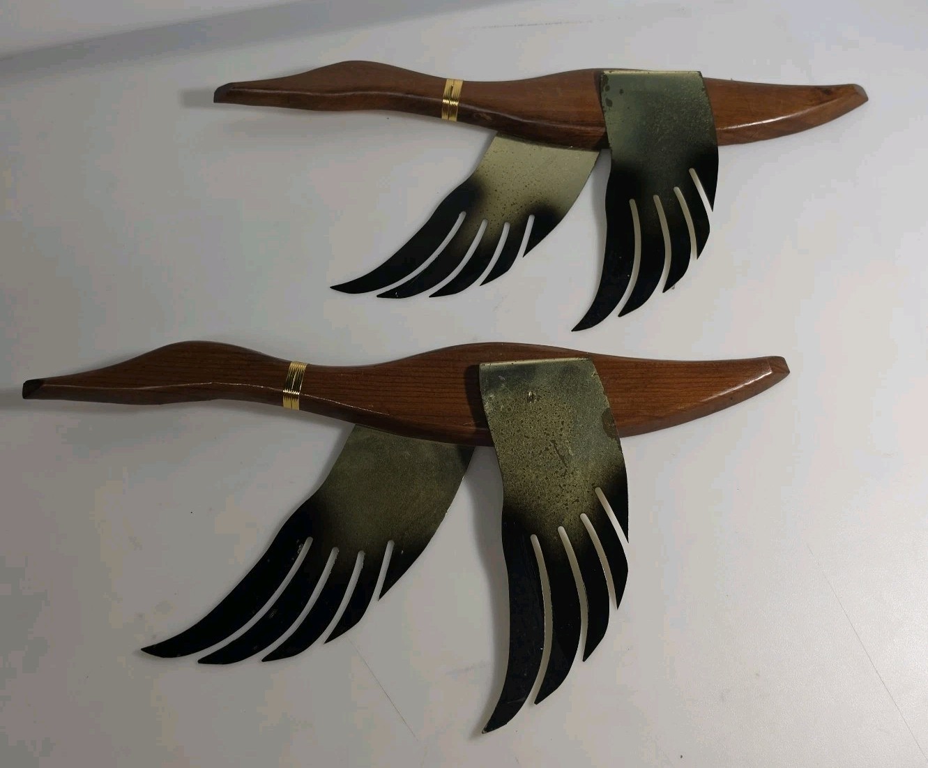 Vintage Masketeers Style Modern Flying Duck Geese Teak Wood Brass Wall Art Set