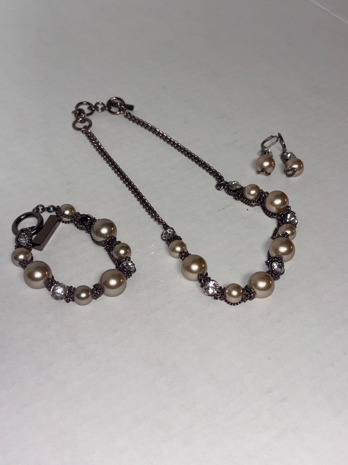 Vintage Givenchy Faux Pearl and Crystal 3 Piece  Set Necklace Bracelet Earings