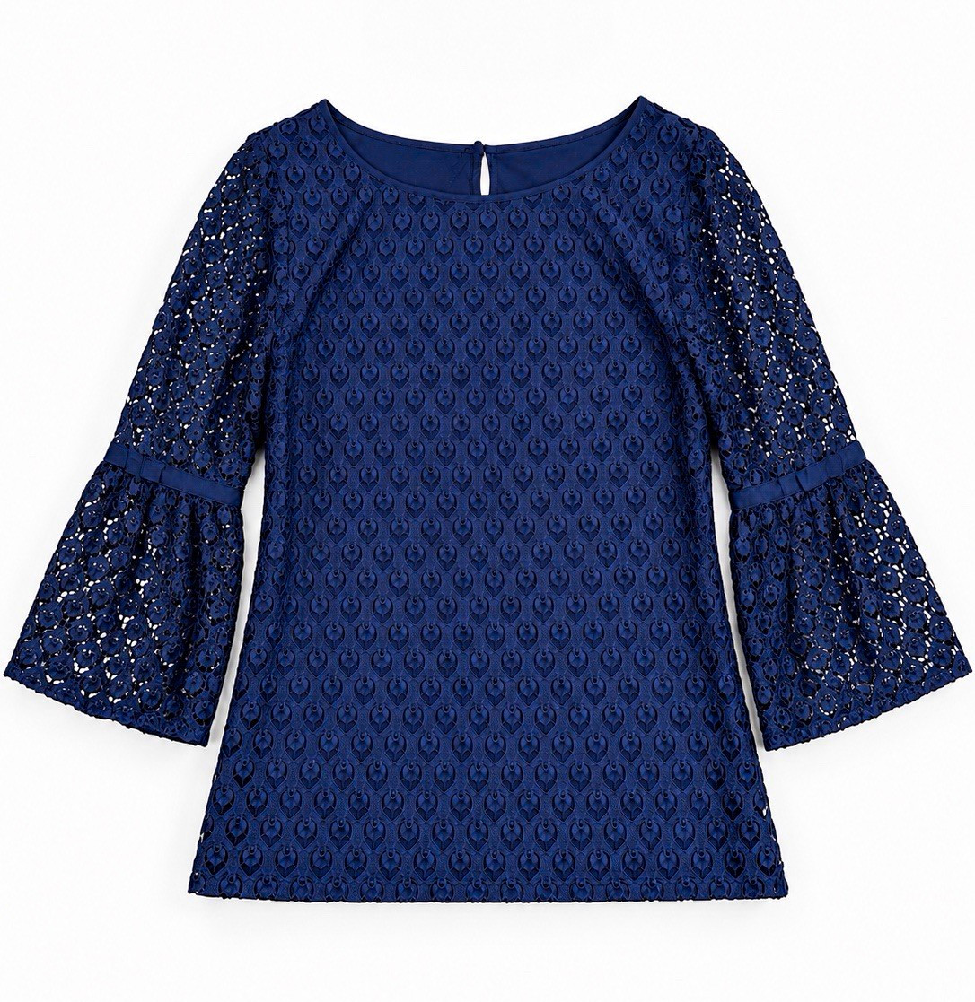 Talbots RSVP Navy Blue Lace Bell Sleeve Blouse Top M Quiet Luxury Rich Mom NWT
