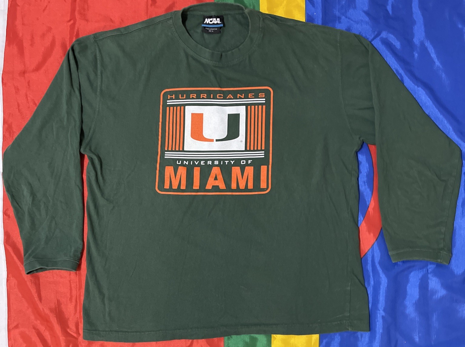 VTG Miami Hurricanes Men’s Green XL Long Sleeve Logo College Shirt Y2K NCAA Tag