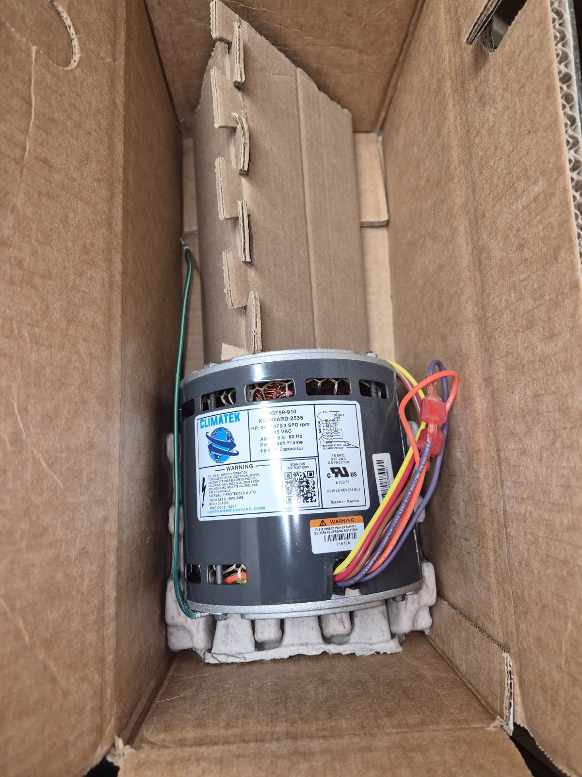 ClimaTek MOT99 910 Blower Motor  K55HXARD-2535  3/4 HP  1075/3 Spd rpm 