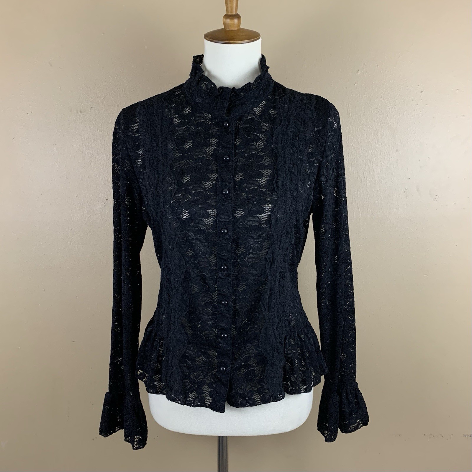 Vintage Carducci Top Womens Medium Black Floral Lace Sheer Ruffle Cuffs Witchy