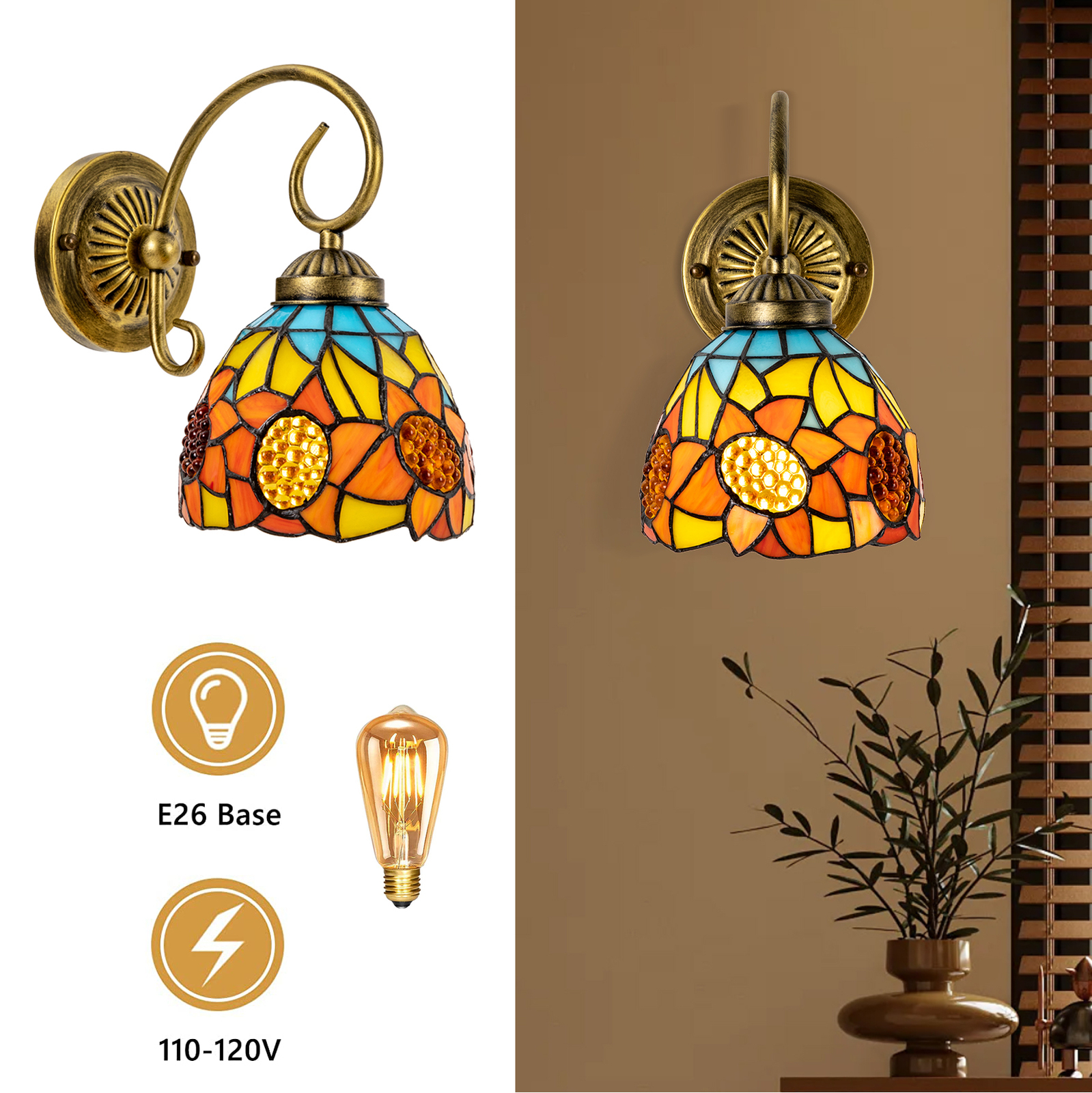 110V Wall Sconce Lamp Tiffany Vintage Stained Glass Wall Light Indoor E26 110V Wall Sconce Lamp Tiffany Vintage Stained Glass Wall Light Indoor E26
