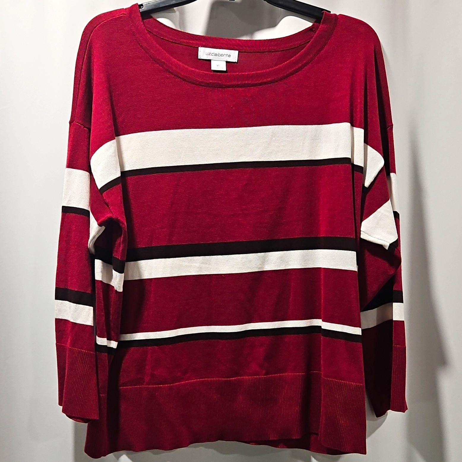 Womens XL Liz Claiborne Sweater, Red White Black Striped Round Neck Knit