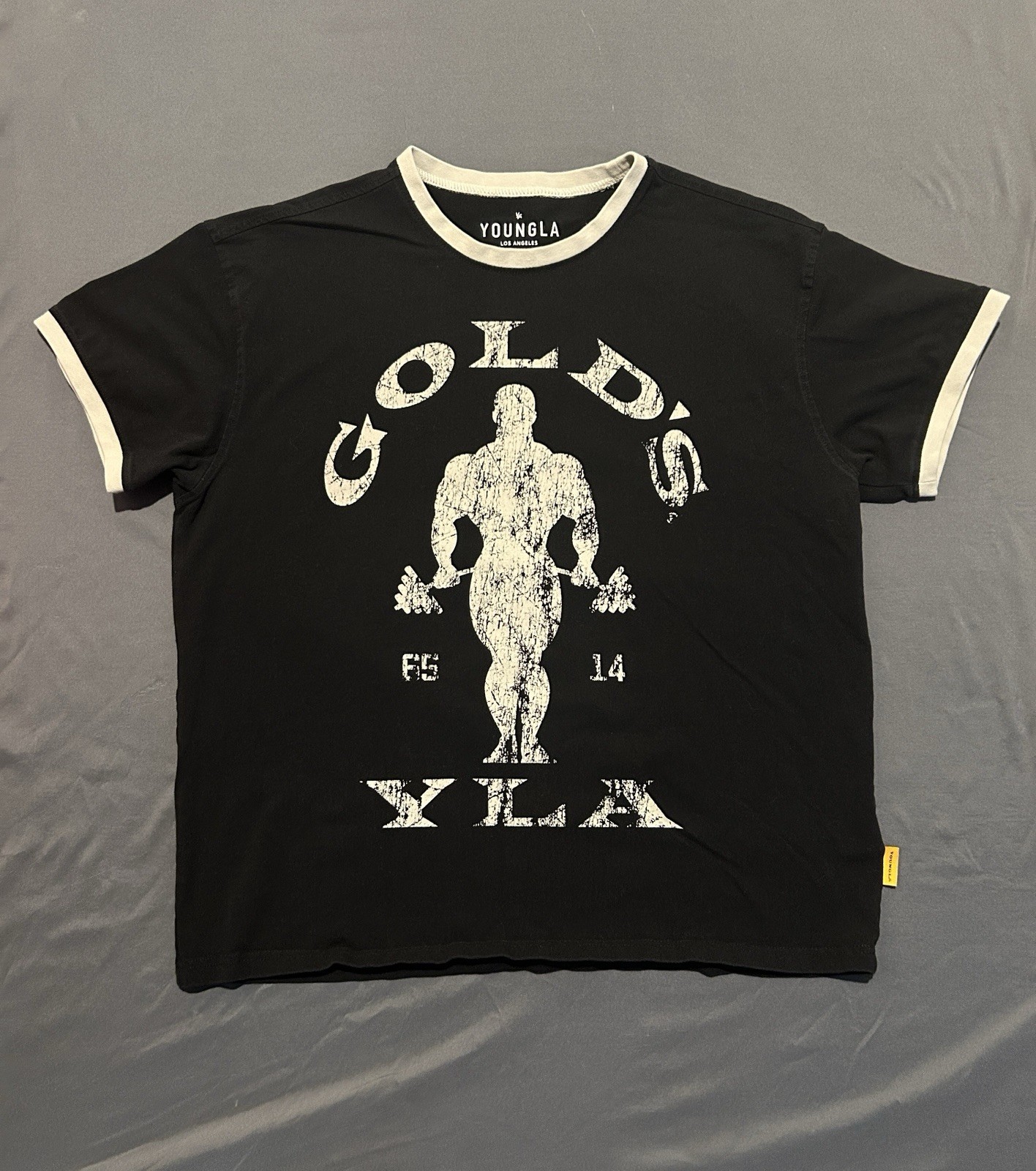 YoungLA x Golds Gym Shirt Mens XL Black Ringer Style 4009 Bodybuilding Graphic