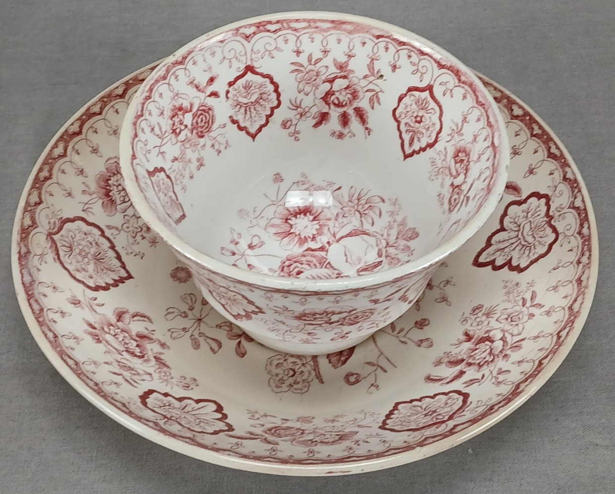British Pink Rose & Floral Red Transferware Tea Bowl & Saucer Circa 1820-1830s