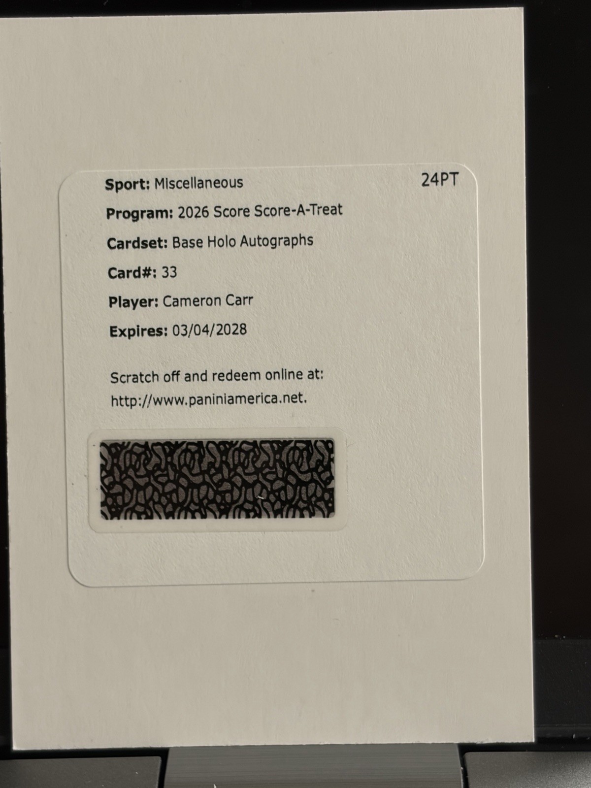 2026 Score A Treat Halloween Themed Base Holo Autograph Cameron Carr Redemption
