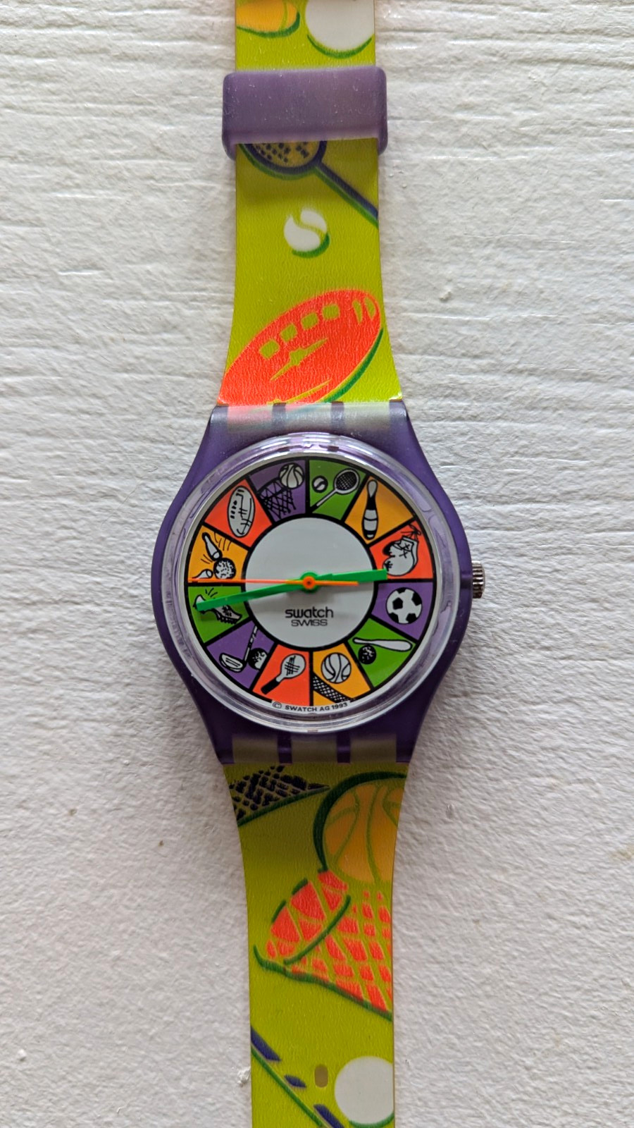 Swatch Swiss Made Sports Theme Quartz Analog Watch Purple Plastic, Box