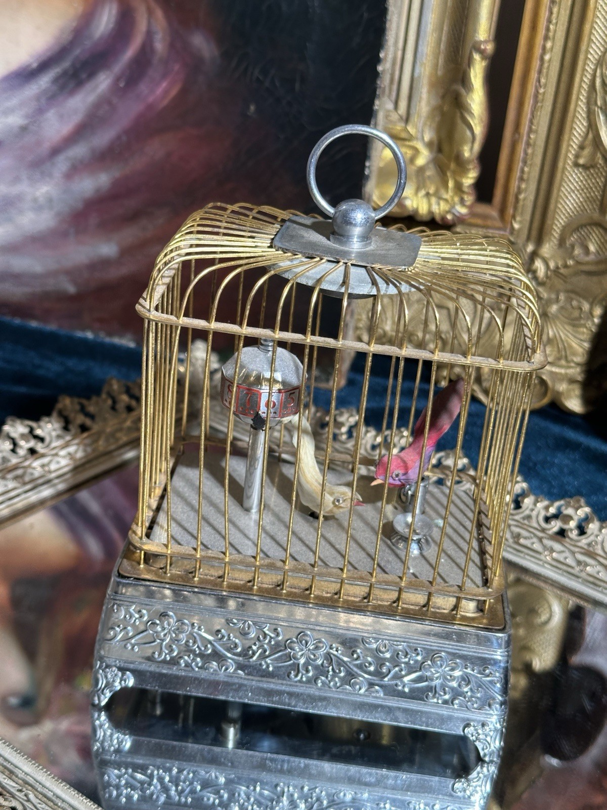 Vintage Occupied Japan Ornate Musical Automaton Mechanical Bird Cage Clock Works