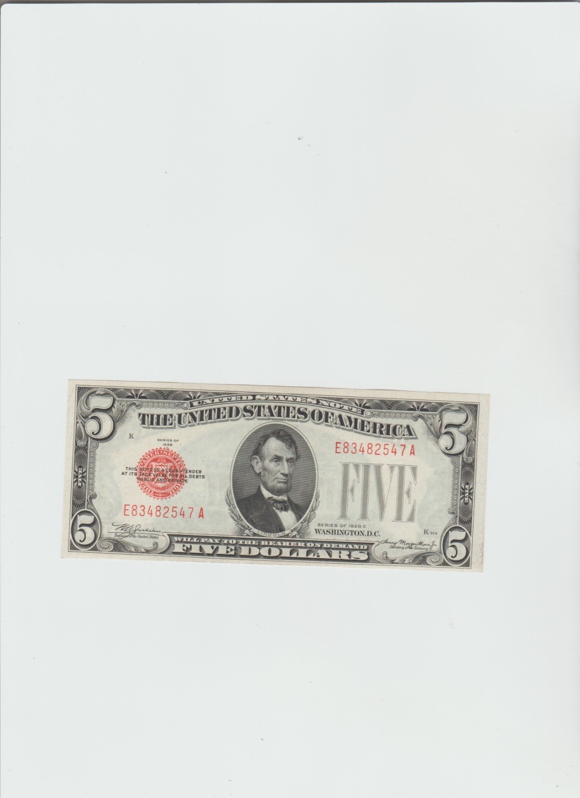 1928-C $5 *RED SEAL* Small United States Note \