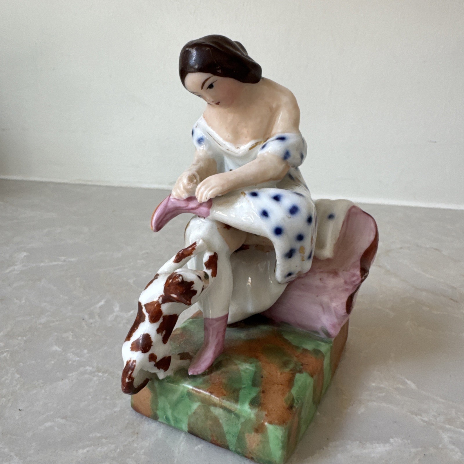 Antique Staffordshire Spill Vase Porcelain Woman Putting On Shoe Cat AS IS CRACK