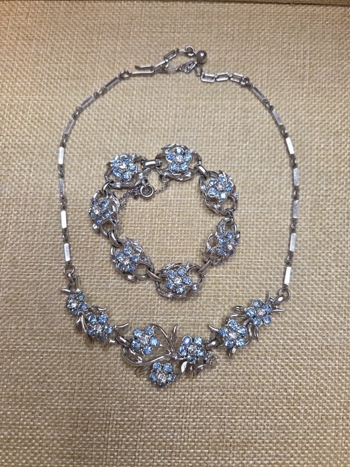 Vintage Coro silver blue rhinestone necklace And Matching Bracelet Vintage Coro silver blue rhinestone necklace And Matching Bracelet
