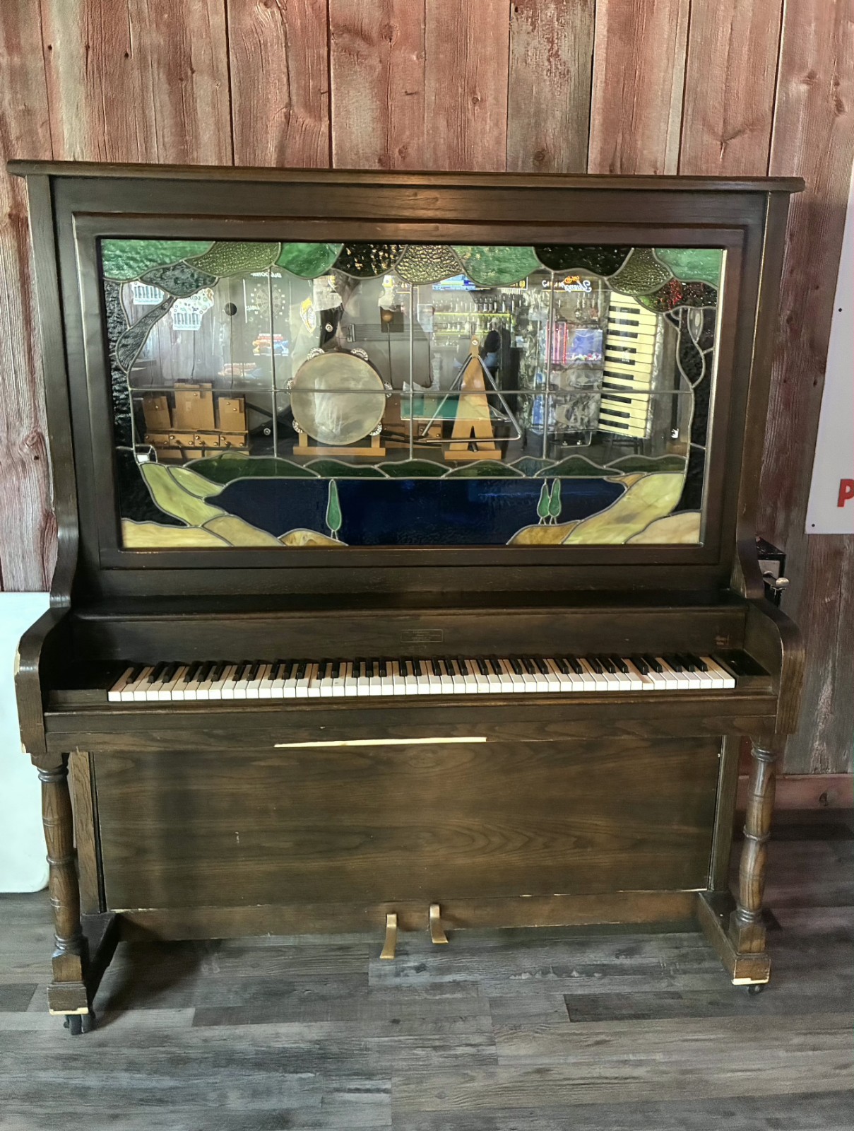 ANTIQUE UPRIGHT NICKELODEON  Style Piano Plyr W/stained Glass & Vtg Instruments