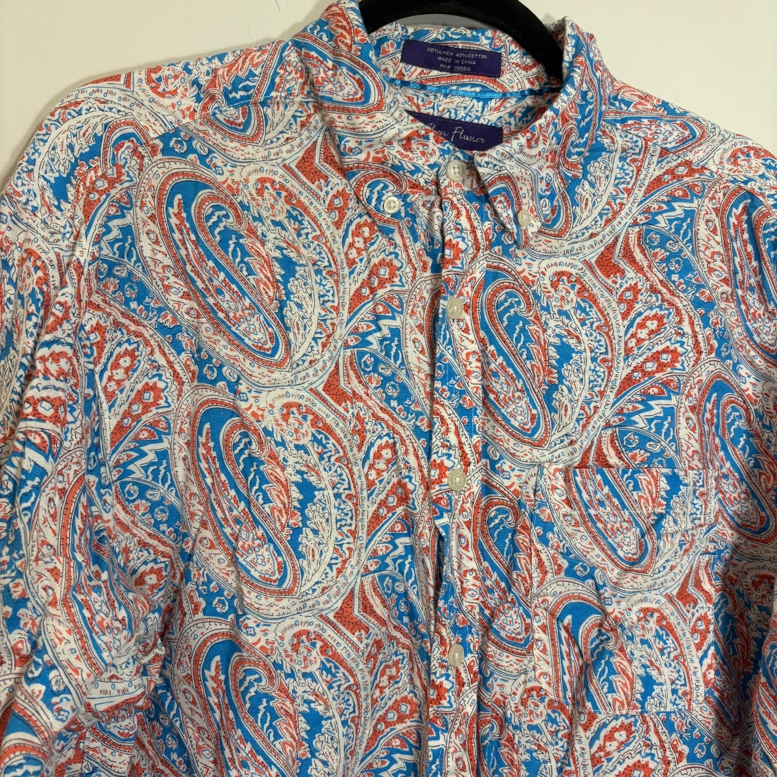 VTG Alan Flusser Paisley Button Up Shirt Mens Large Linen Cotton Summer Festival