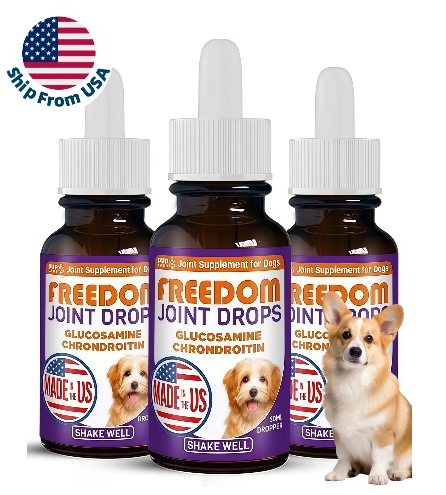 3X Pup Labs Freedom Joint Drops for Dogs with Glucosamine & Chondroitin, 30 ml